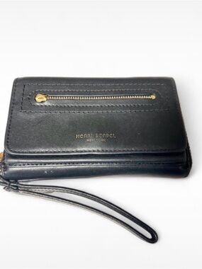 henri bendel Black Leather Wristlet with Gold Zip Accent